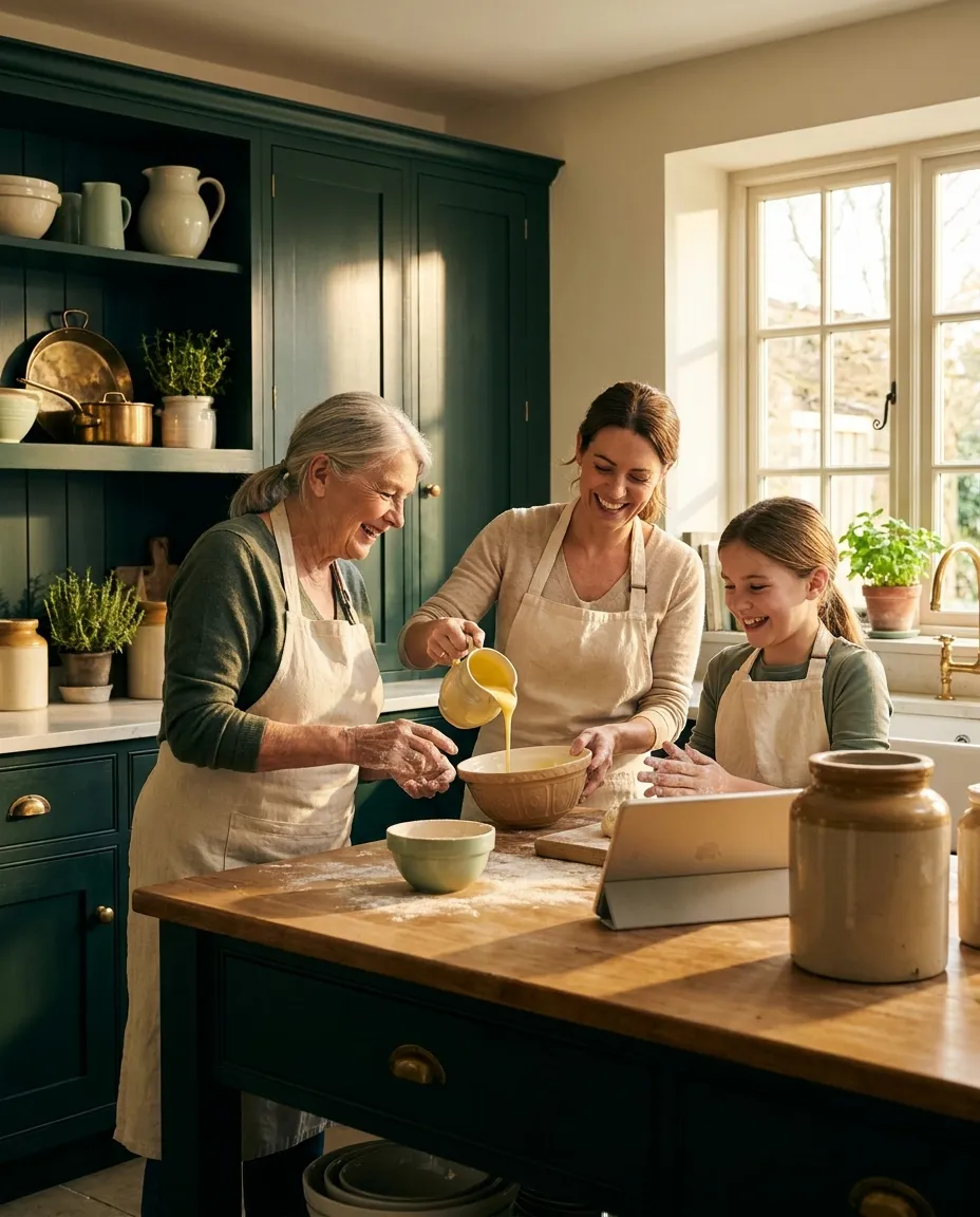A family cooking together in the kitchen, flour dust catching the light