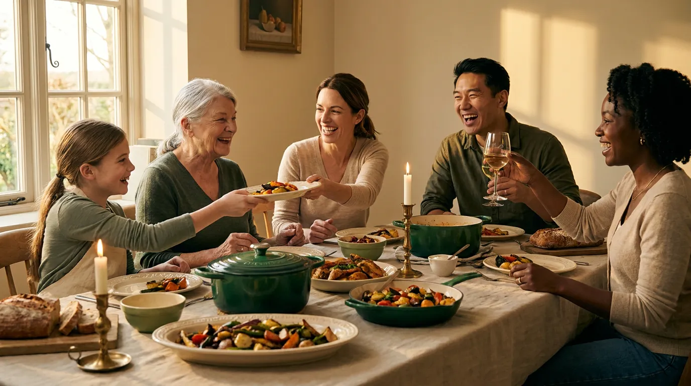 A family gathered around the table for supper, plates passed hand to hand