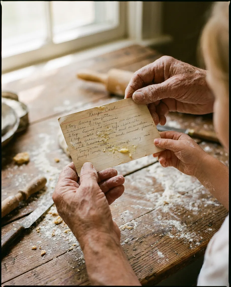 Two generations' hands holding a handwritten recipe card together