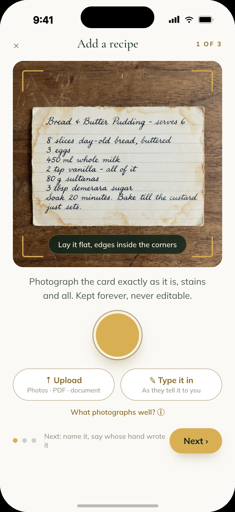 Adding a recipe: photograph the card, upload a file, or type it in