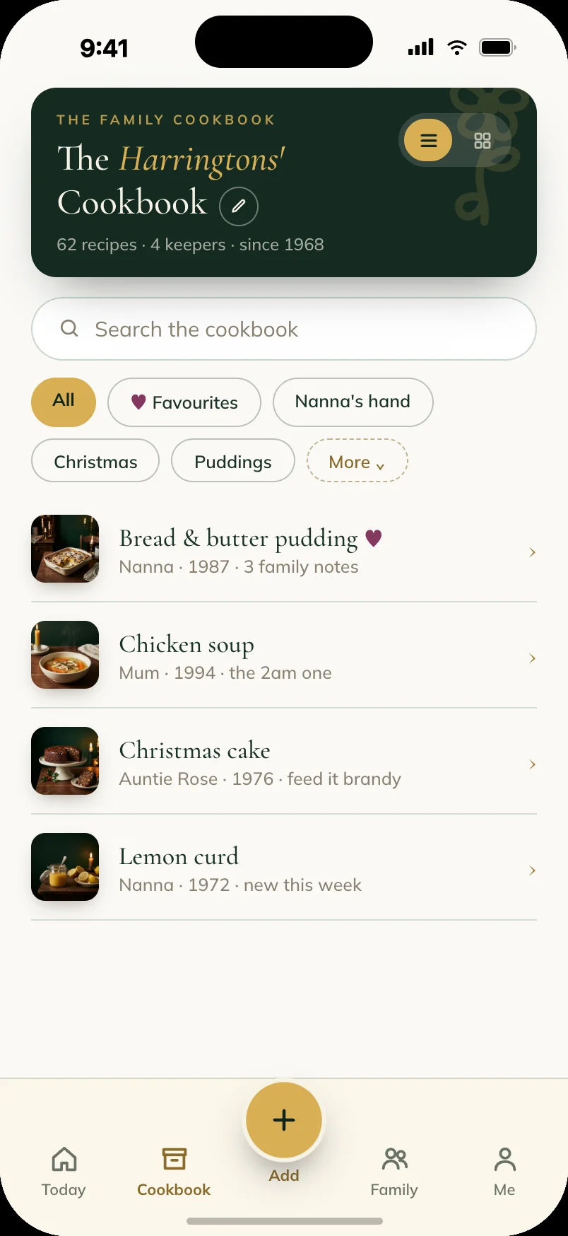 The family cookbook, browsable by hand, era and occasion