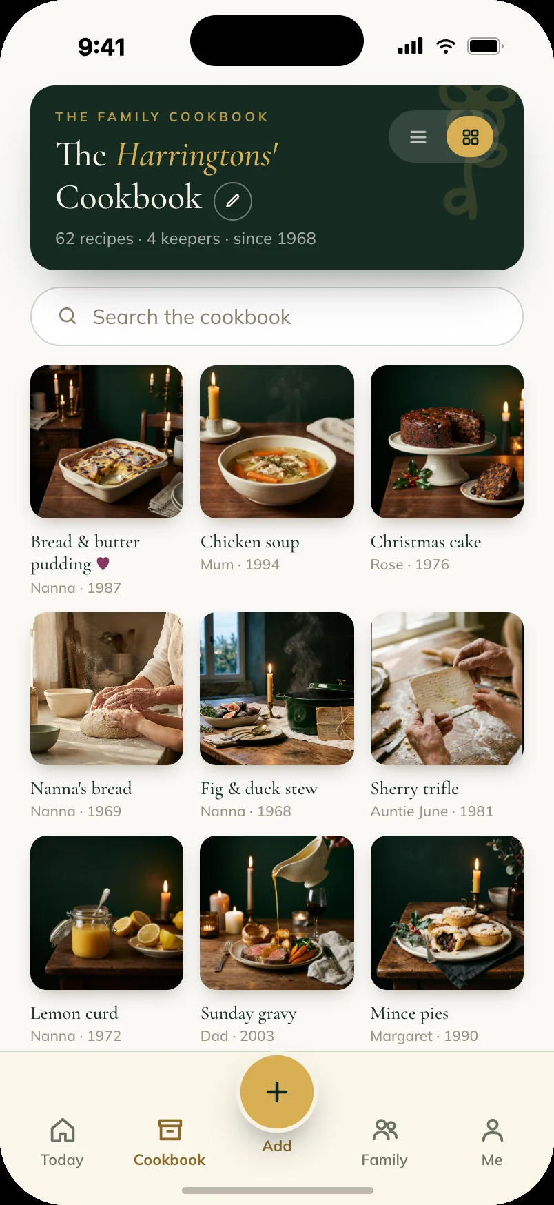 Browsing the cookbook by photo, one tile per recipe