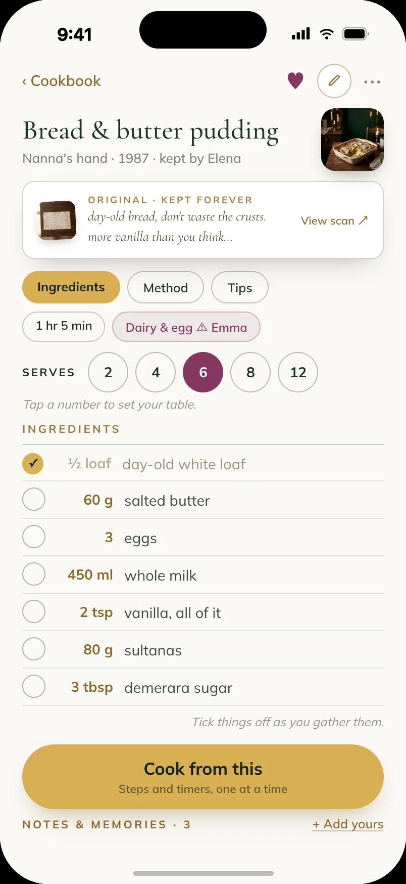 A recipe page showing the original card beside the living, cookable recipe