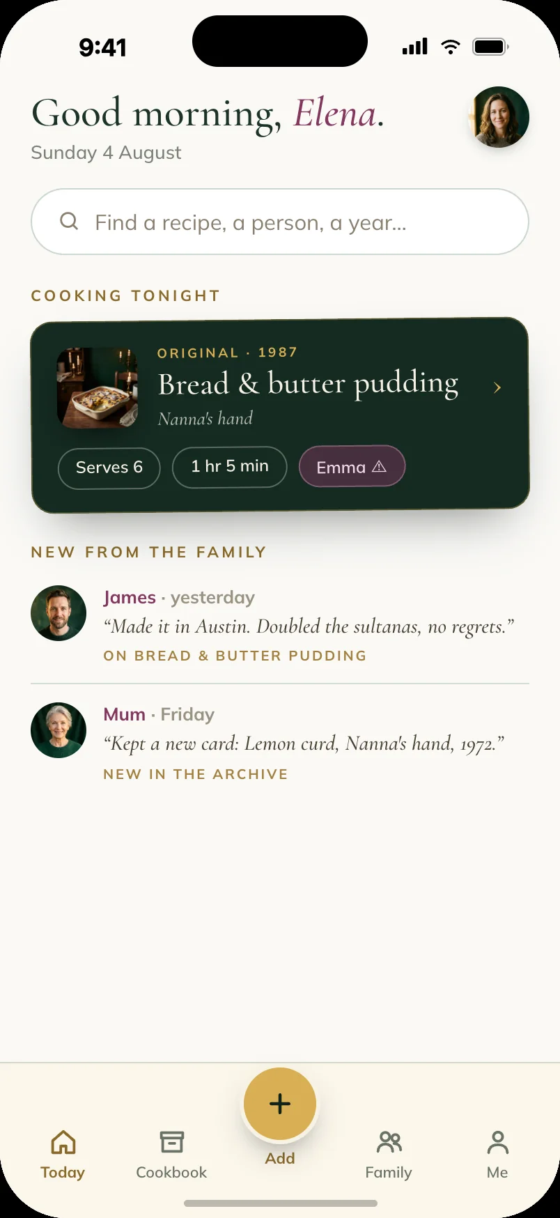 The Today screen: tonight's recipe and new notes from family